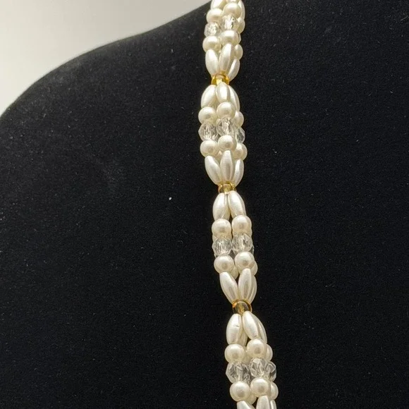 Vintage Faux Pearl and Crystal Beaded Tassel Necklace Opera Length Cream Gold - Picture 2 of 9